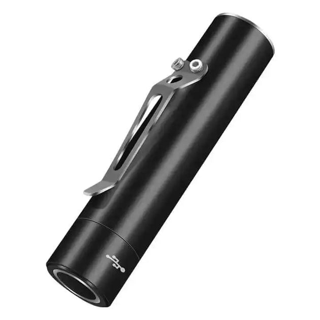 Black portable boruit mini rechargeable flashlight with a silver clip