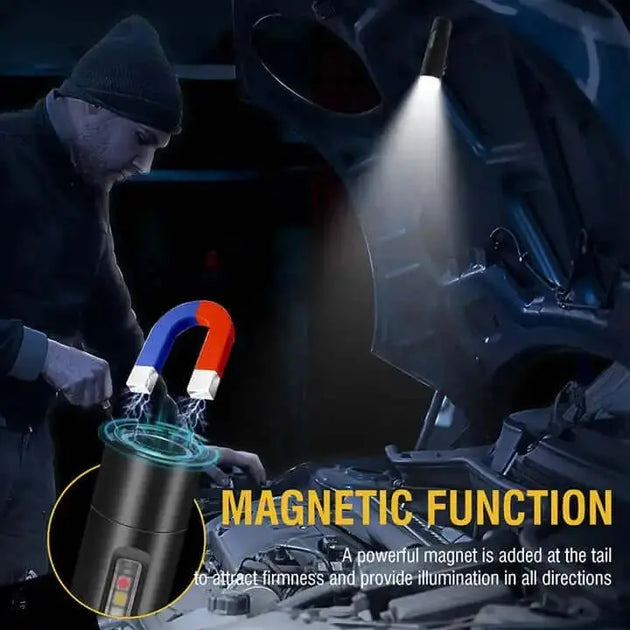 Boruit magnetic rechargeable flashlight under a car hood for hands-free work
