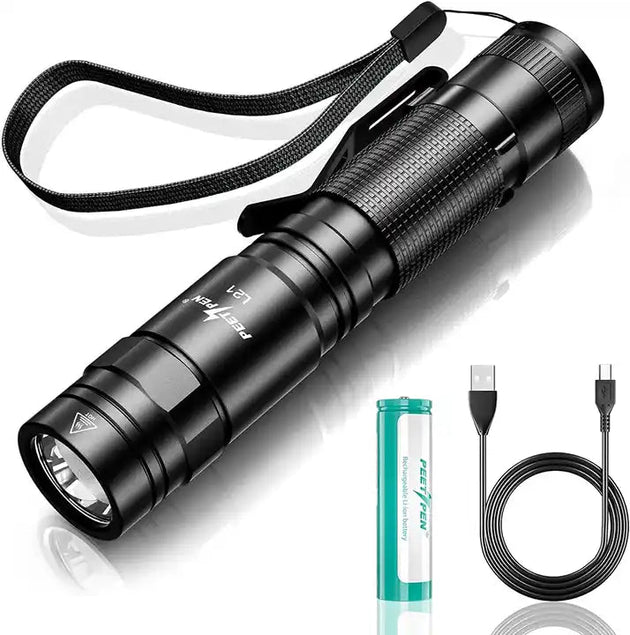 L21 Peetpen edc flashlight with a wrist strap, rechargeable battery, and USB cable