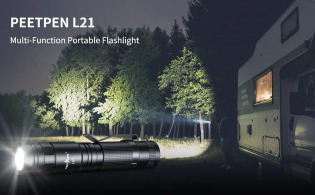 L21 Peetpen edc flashlight illuminating a dark campsite