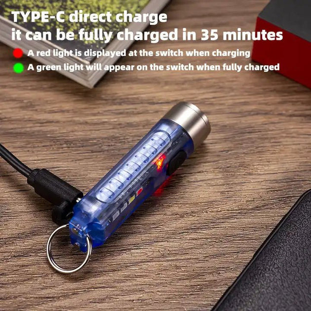 USB-C rechargeable Mini Key Chain Rechargeable flashlight with red charging indicator and green fully charged light