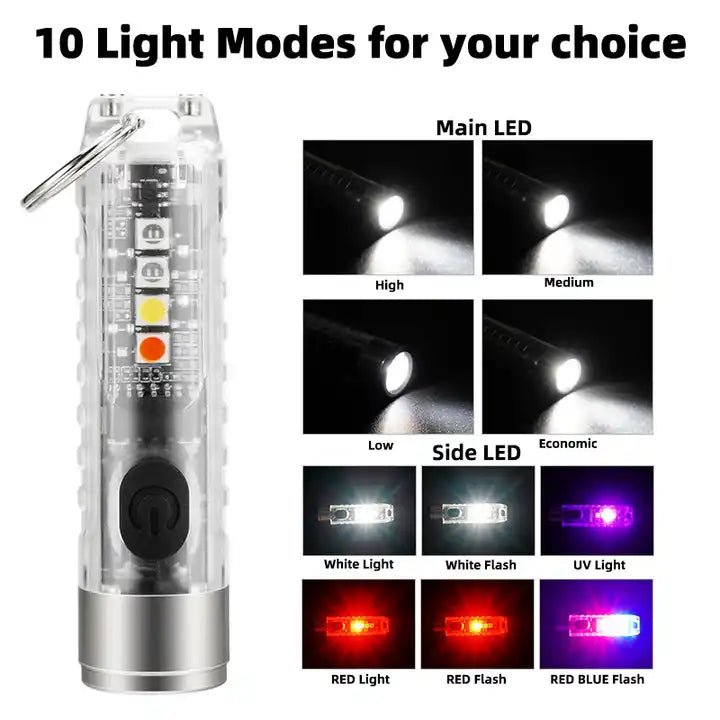 Mini Key Chain flashlight with 10 light modes: high, medium, low, economic, white light, UV light, red light, and flashes