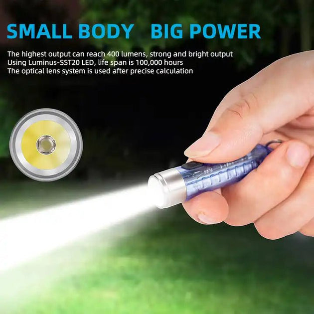 Mini Key Chain Rechargeable flashlight with powerful output 400 lumens, SST20 LED and100,000-hour lifespan