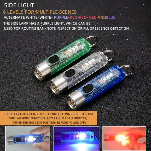 Mini Key Chain multi-functional Rechargeable LED flashlights. Six light modes, purple and red