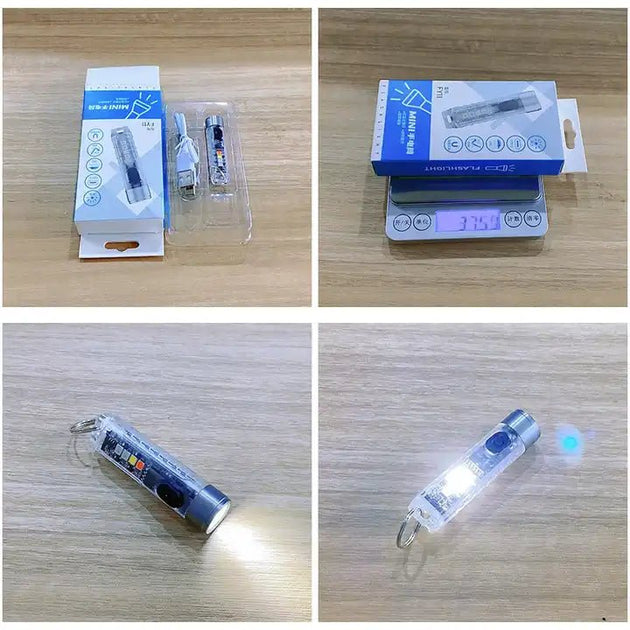 Mini Key Chain Rechargeable flashlight with packaging, batteries, and illumination