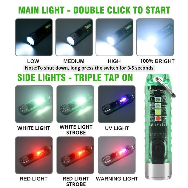 Mini Key Chain multifunctional flashlight with adjustable brightness and color settings, including UV light