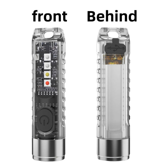 Mini Key Chain Rechargeable transparent flashlight with visible internal electronics and a battery compartment