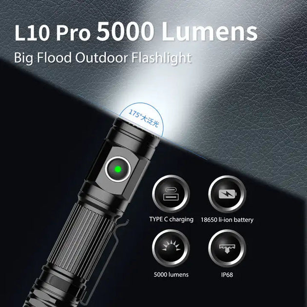 Peetpen L10 Pro 5000 Lumens tactical flashlight with TYPE C charging and IP68 rating