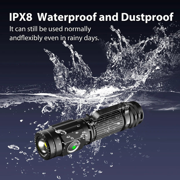 Peetpen L10 Pro IPX8 waterproof tactical flashlight surrounded by splashing water