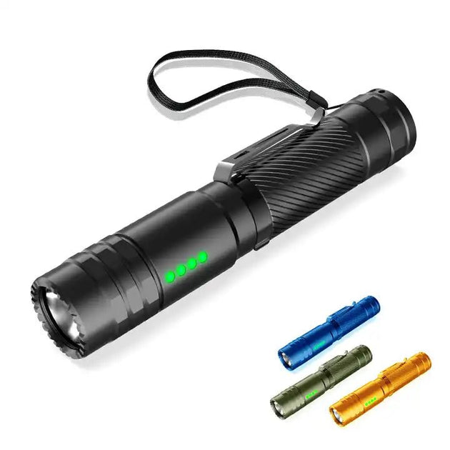 Peetpen L28 Tactical flashlight with green power indicators, wrist strap