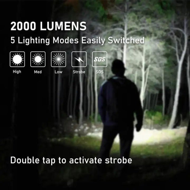 Person using a Peetpen L28 2000 lumens tactical light with 5 modes in the woods at night