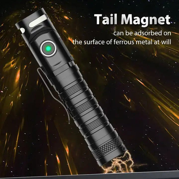 Magnetic tail Peetpen P1 tactical flashlight adhering to metal