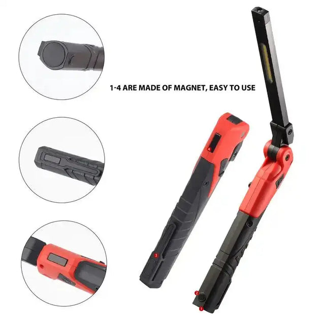 Portable Foldable magnetic LED work light with adjustable angles and a Snap on design