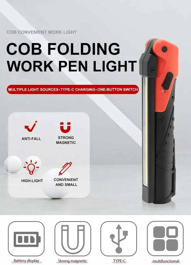 COB folding worklight with anti-fall, strong magnetic base, and Type-C charging