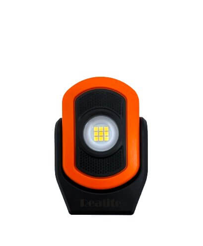 Front of Realite Bk-0111 rechargeable magnetic base flashlight in vibrant orange and black design