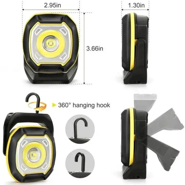 Rechargeable LED work light with 360 degree hook, slim profile, and built-in magnets