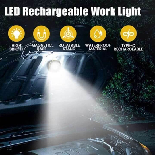 Rechargeable LED work light illuminates a car engine bay with magnetic base, rotatable stand, and waterproof