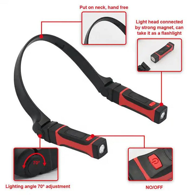 Flexible neck flashlight with magnetic heads adjustable up to 70 degree