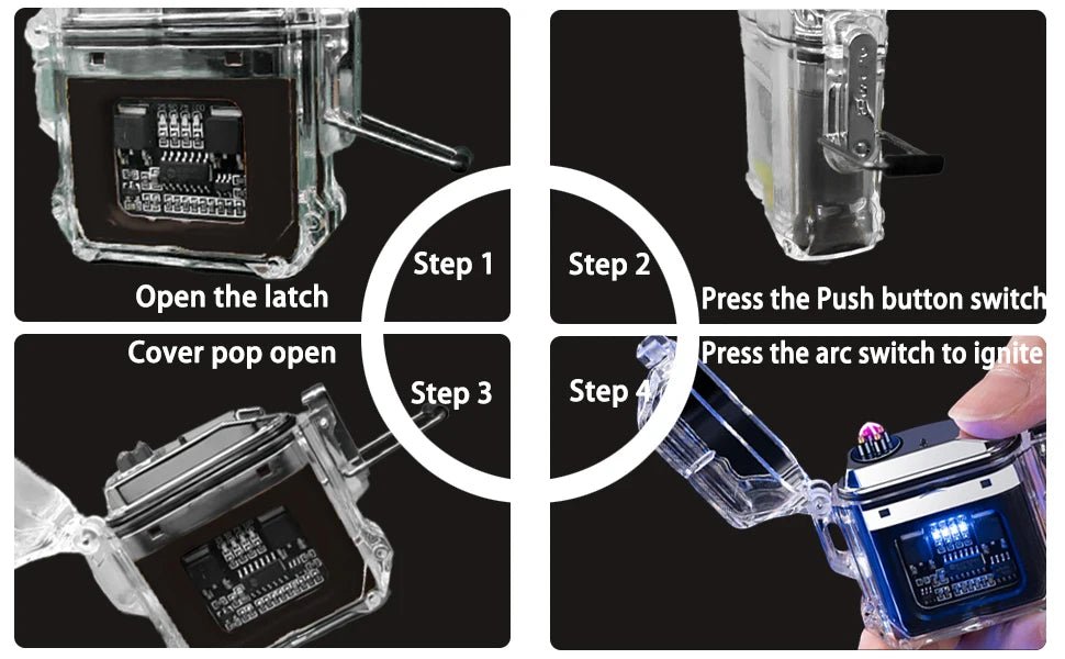 Four-step guide to using a clear rectangular rechargeable lighter