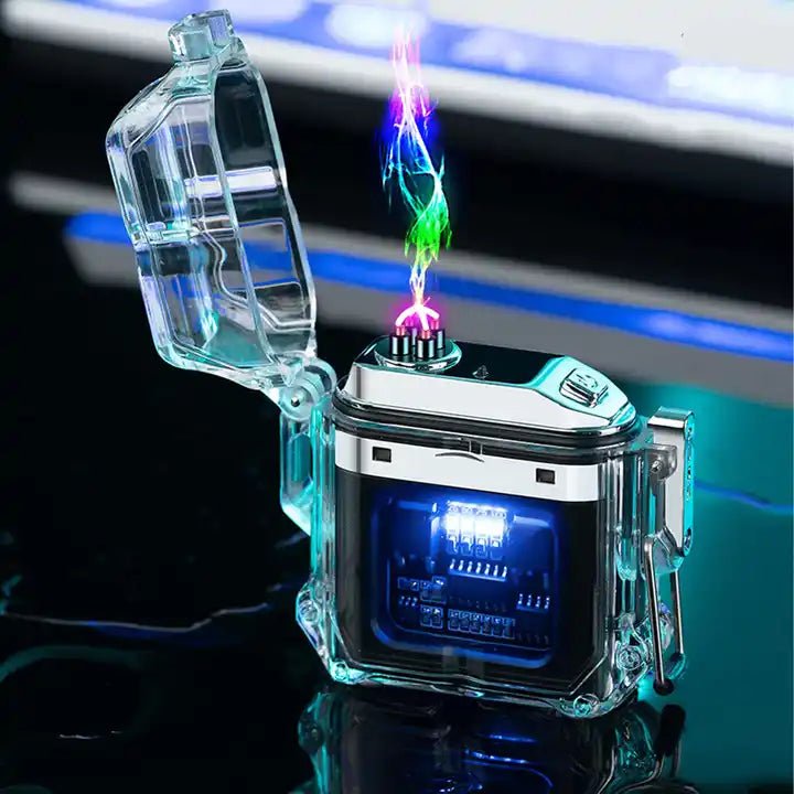 Rechargeable lighter with a transparent body illuminating blue internals 