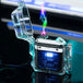 Rechargeable lighter with a transparent body illuminating blue internals 