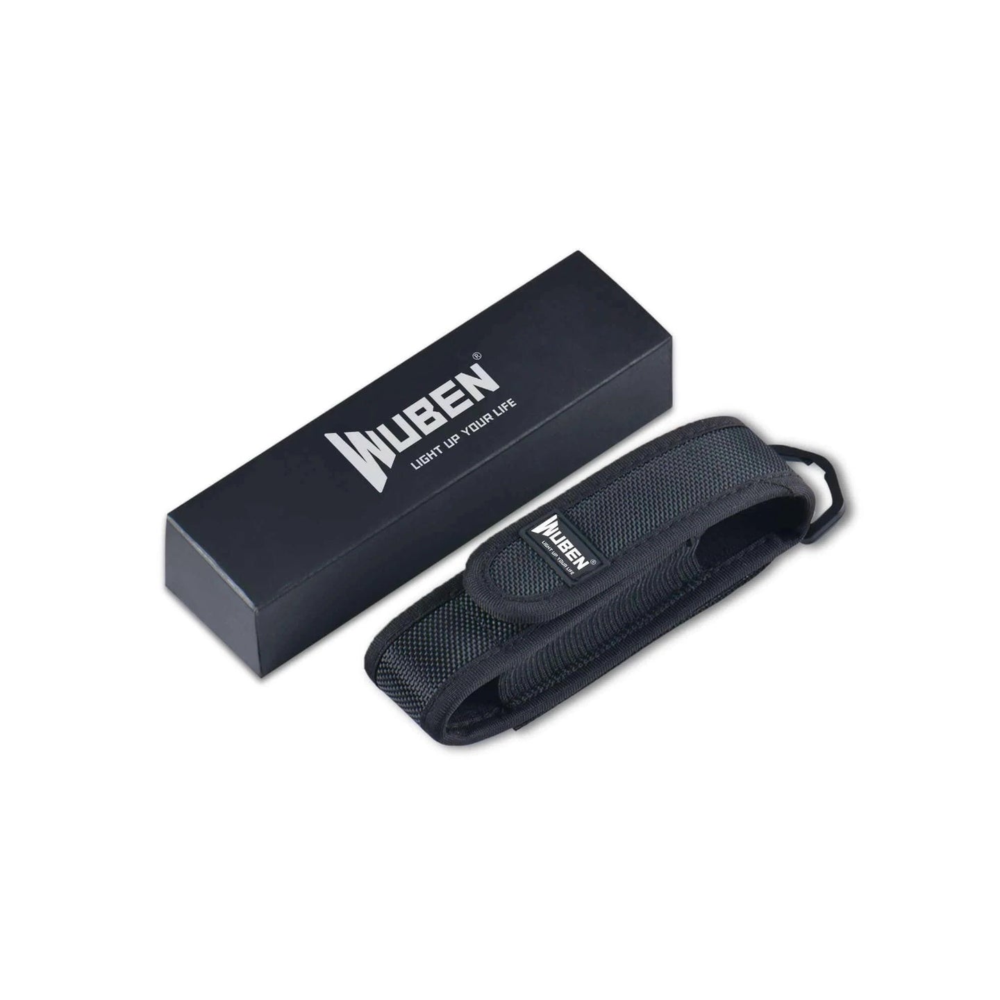 WUBEN flashlight pouch in black packaging and a carrying case